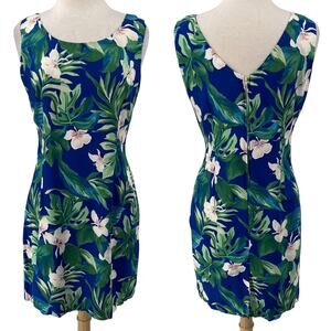 Vintage 90s Hawaiian Mini Dress Hibiscus Floral Palm Print Sleeveless Blue M